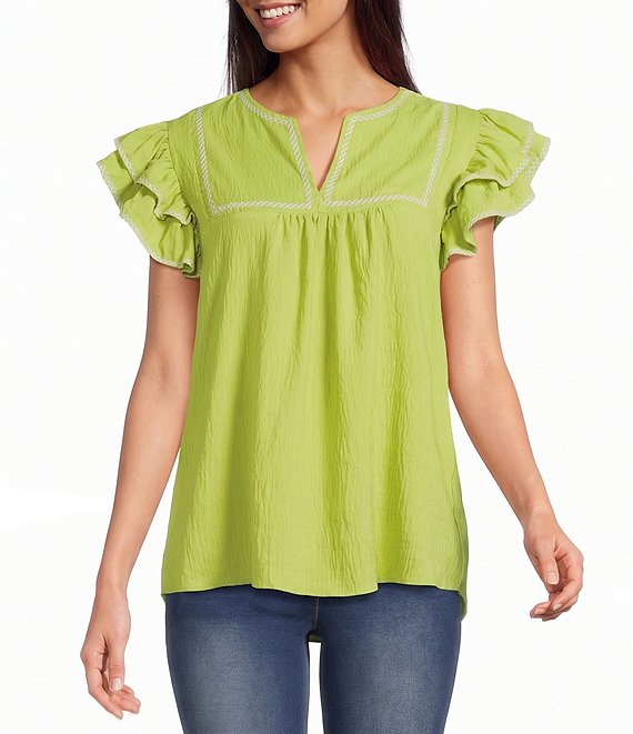 Calessa Petite Size Embroidered Split V-Neck Ruffle Cap Sleeve Tunic