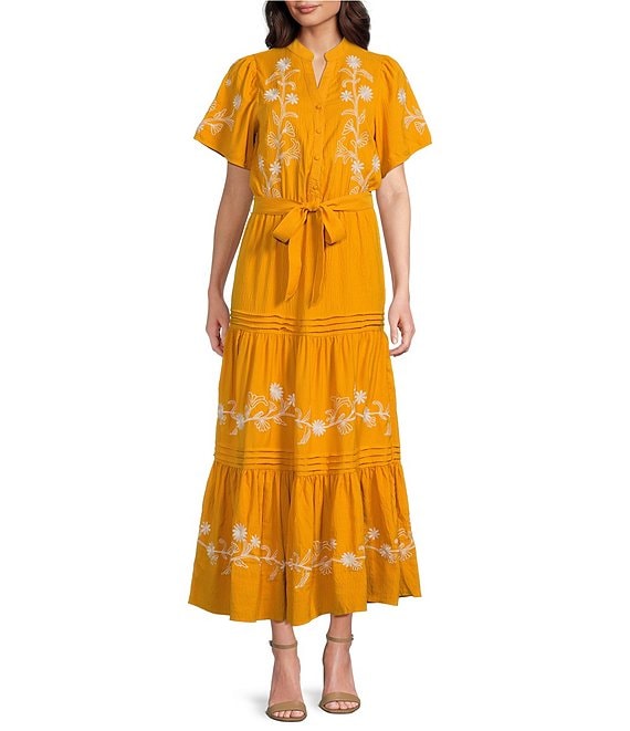 Calessa Petite Size Embroidered Split V-Neck Short Balloon Sleeve A-Line Tiered Belted Maxi Dress, Mustard/Cream - Image 1