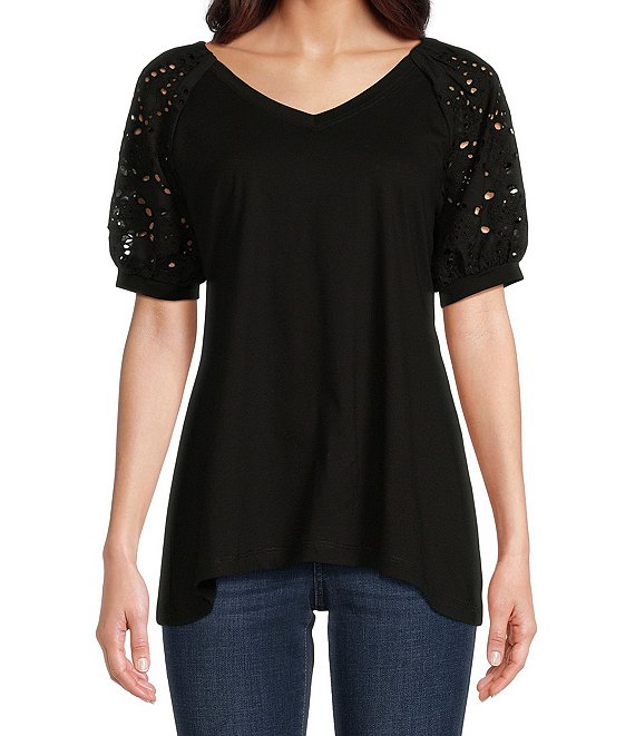 Calessa Petite Size Knit Eyelet Embroidered V-Neck Elbow Sleeve ...