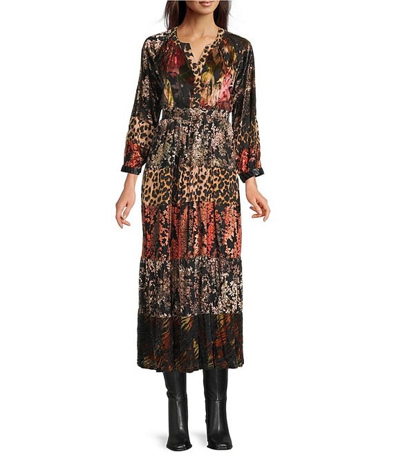 Calessa Petite Size Patchwork Print Split V-Neck Wrist Sleeve Tiered Comfort Maxi Dress, Crimson/Multi - Image 1