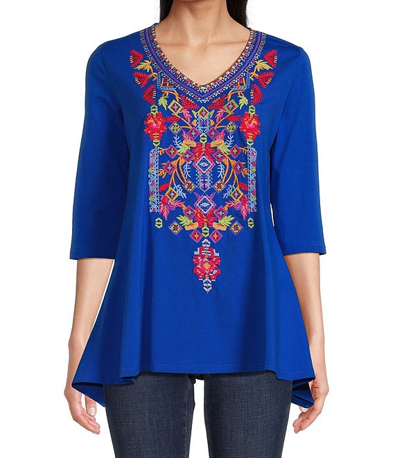 Calessa Petite Size Stretch Woven Embroidered V-Neck 3/4 Sleeve A-Line ...