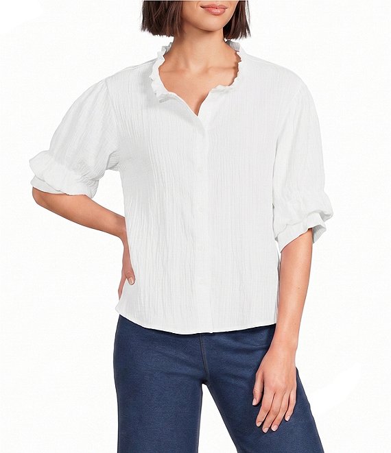 Calessa Petite Size Textured Split Tie Neck Elbow Length Sleeve Button Front Tunic