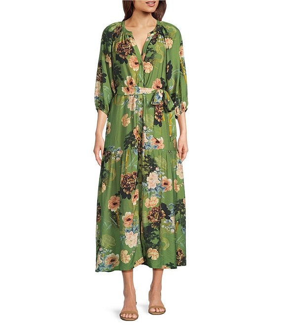 Calessa Petite Size V-Neck 3/4 Sleeved Floral Print Tie-Belt Button-Front Tiered Midi Dress, Olive Multi - Image 1