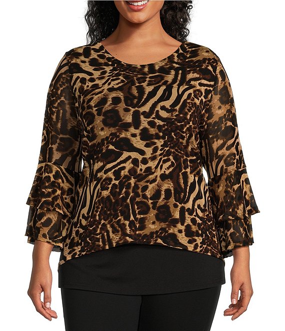 Calessa Plus Size Animal Print Mesh Knit Double Layer Scoop Neck Ruffle  Cuff Sleeve High-Low Hem Tunic