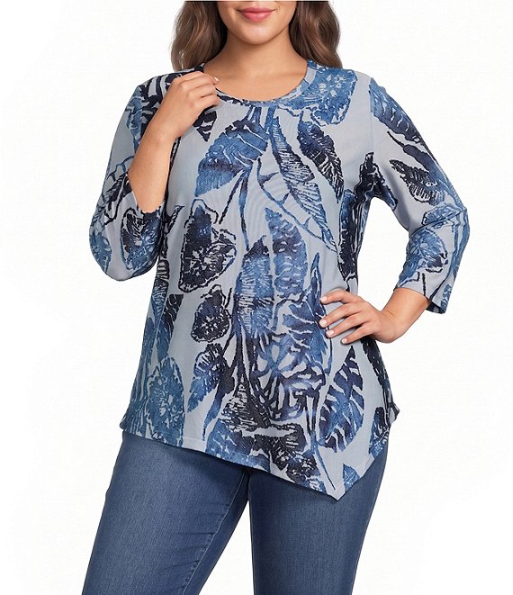 Calessa Plus Size Burnout Knit Tie-Dye Crew Neck 3/4 Sleeve Asymmetrical Hem Tunic