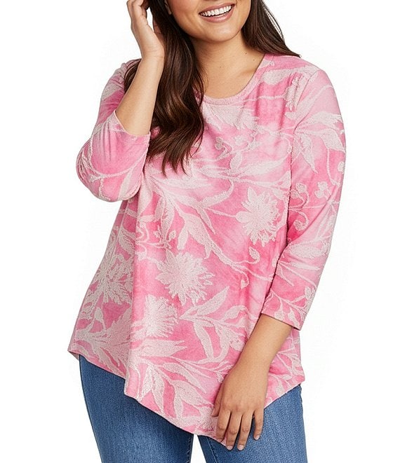 Calessa Plus Size Burnout Stretch Tie Dye Asymmetric Hem Tunic