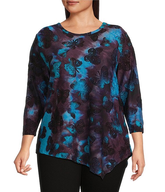 Calessa Plus Size Burnout Tie-Dye Butterfly Crew Neck 3/4 Sleeve Asymmetric Dipped Hem Tunic, Blue Multi - Image 1