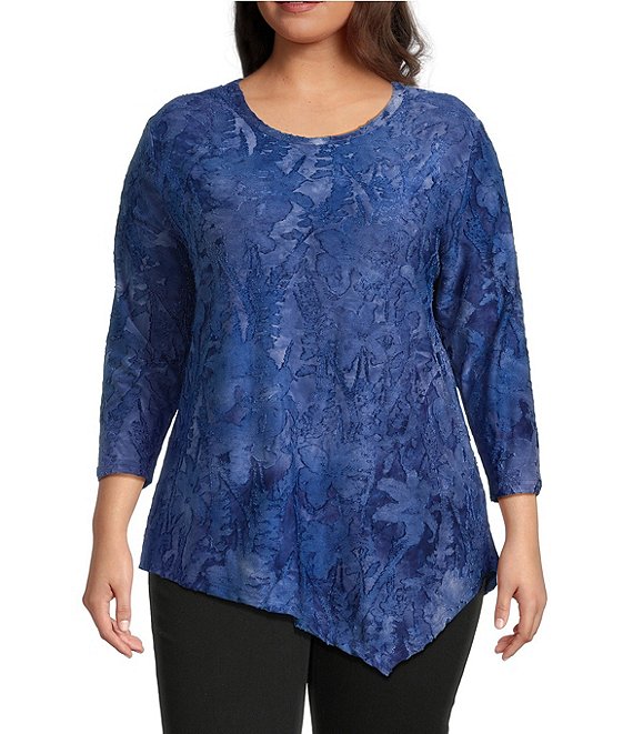 Calessa Plus Size Burnout Tie-Dye Crew Neck 3/4 Sleeve Asymmetric Hem Tunic