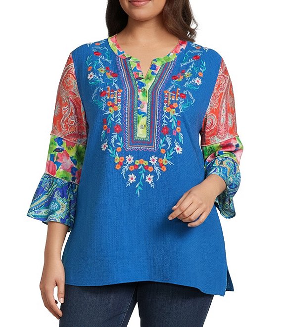Calessa Plus Size Embroidered Patchwork Split V-Neck 3/4 Flounce Sleeve Tunic
