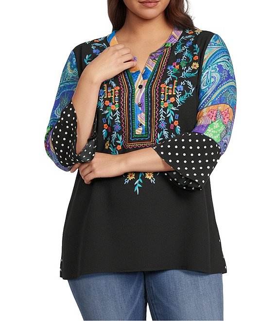 Calessa Plus Size Embroidered Patchwork Split V-Neck 3/4 Sleeve Tunic, Black Multi - Image 1