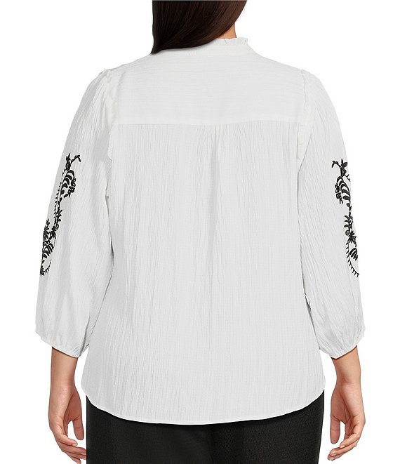 Calessa Plus Size Embroidered Ruffle Split V-Neck 3/4 Sleeve