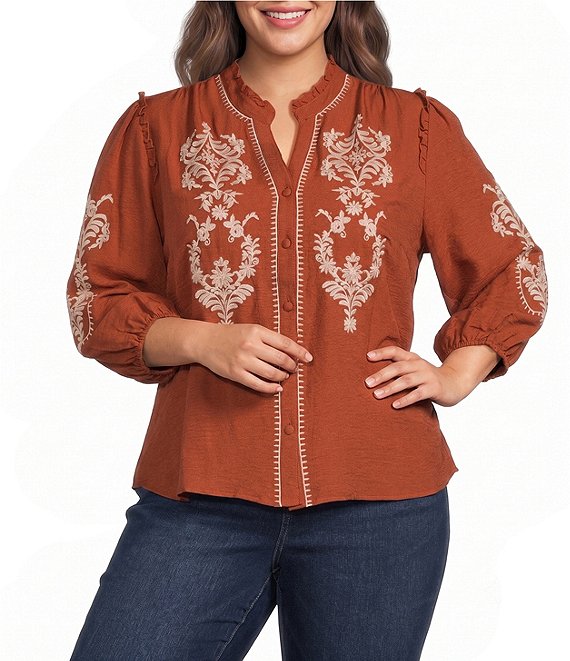 Calessa Plus Size Embroidered Ruffle Split V-Neck 3/4 Sleeve Button Front Tunic