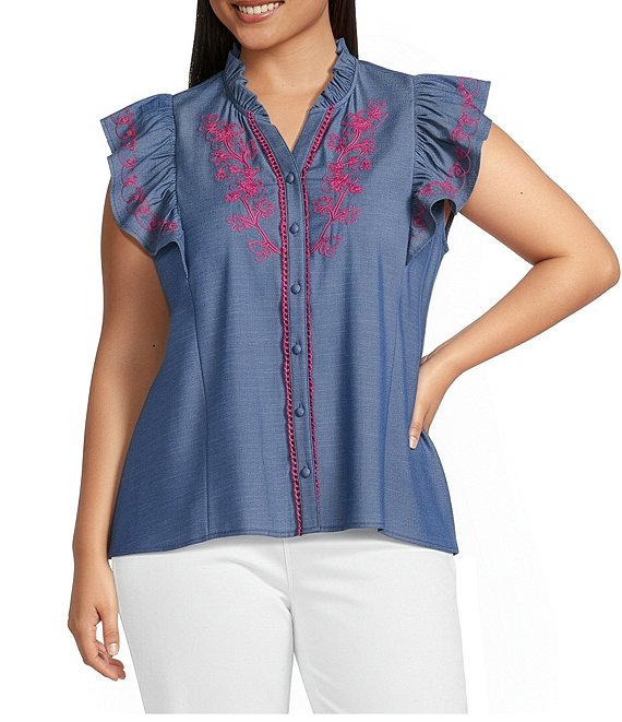 Calessa Plus Size Embroidered Ruffle Split V-Neck Cap Sleeve Button Front Top