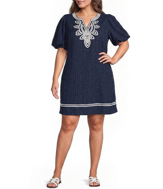 plus size embroidered shift dress Calessa Plus Size Embroidered Split V-Neck Elbow Balloon Sleeve Shift Dress, Womens, 1X, Navy