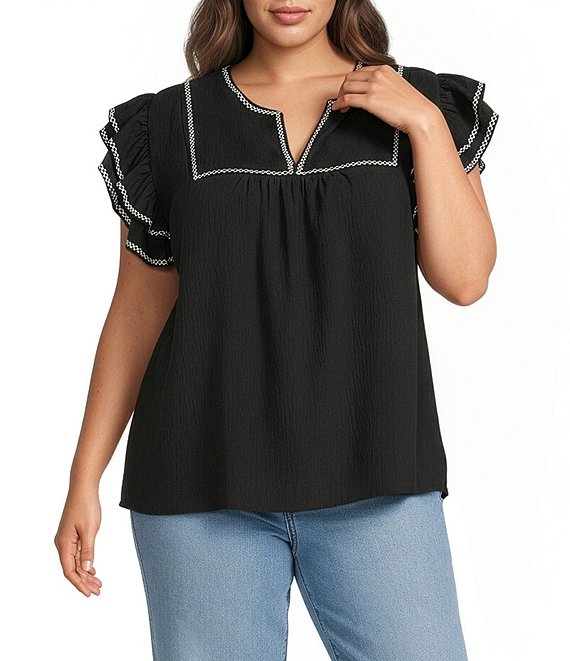 Calessa Plus Size Embroidered Split V-Neck Ruffle Cap Sleeve Tunic