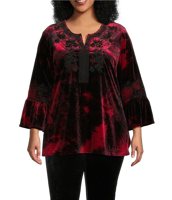 Calessa Plus Size Embroidered Velvet Knit Tie-Dye 3/4 Sleeve Tunic ...