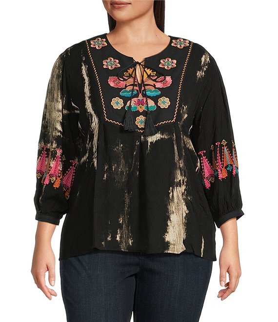 Calessa Plus Size Floral Tie-Dye Embordered Split Neck Tassel Tie Wrist Length Sleeve Tunic, Black/Sand - Image 1