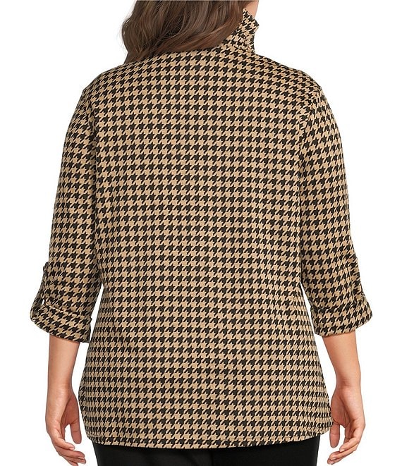 Calessa Plus Size Knit Houndstooth Quarter Zip Mock Neck 3/4 Roll