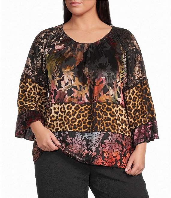 Calessa Plus Size Knit Mixed Print Elastic Scoop Neck 3/4 Sleeve Top