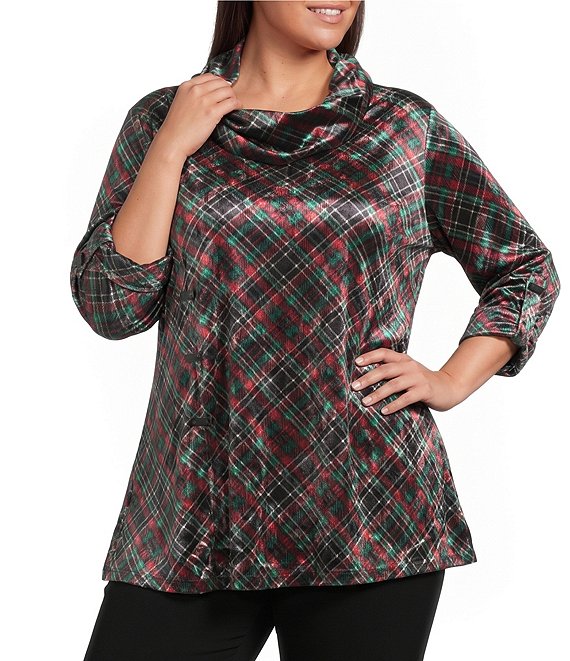 Calessa Plus Size Knit Plaid Cowl Neck 3/4 Roll-Tab Sleeve Tunic