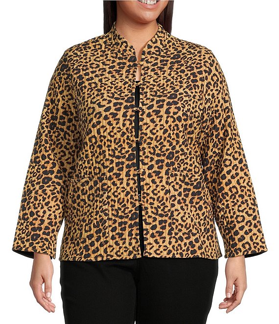 Calessa Plus Size Reversible Quilted Animal Printed Band Collar Long Sleeve Shirt Jacket, Sand/Black - Image 1