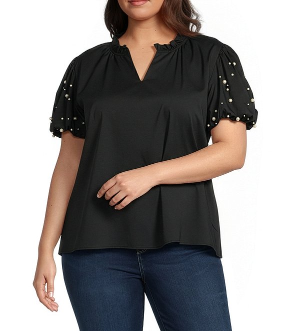 Calessa Plus Size Split V-Neck Beaded Short Sleeve Tunic