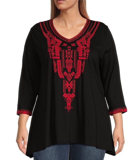 Calessa Plus Size Stretch Embroidered Knit V-Neck 3/4 Sleeve A-Line ...