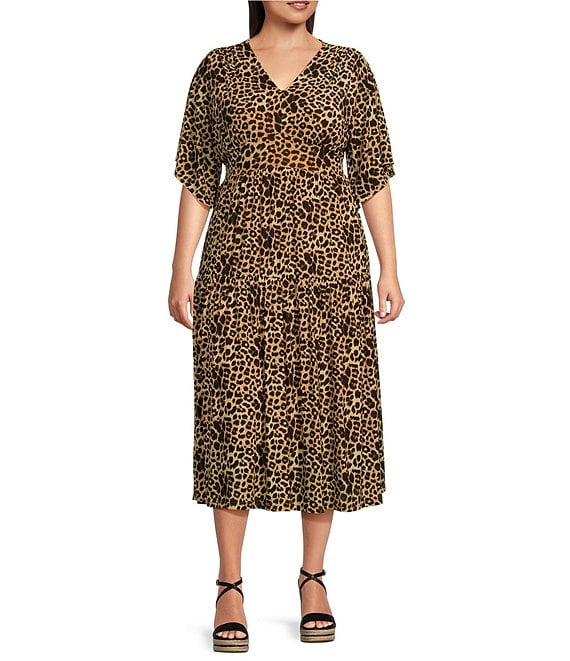 Calessa Plus Size Stretch Mesh Cheetah Print V-Neck Elbow Sleeve Tiered ...