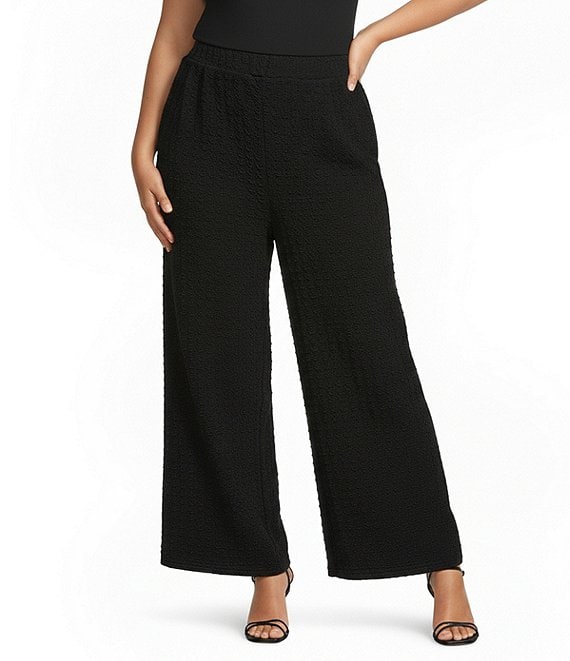 Calessa Plus Size Textured Crinkle Knit Wide Leg Pull-On Pants
