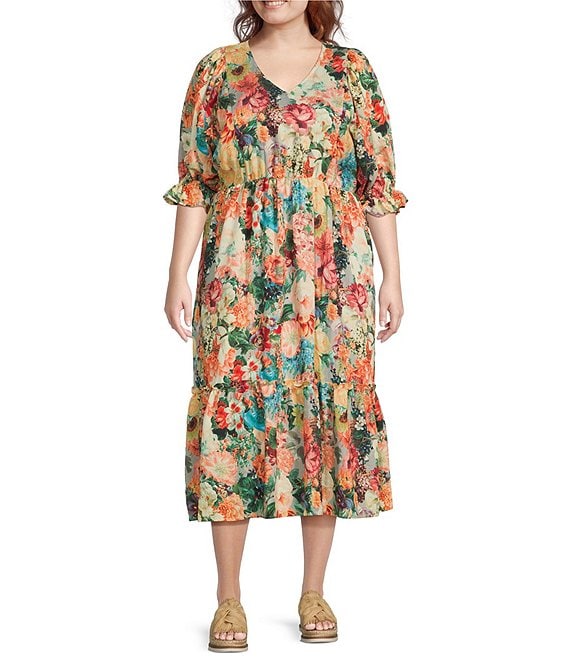 Calessa Plus Size Vintage Floral V-Neck Elbow Sleeve A-Line Maxi Dress, Teal Multi - Image 1
