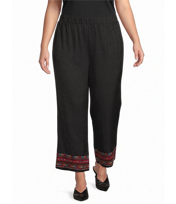 Calessa Plus Size Wide Leg Embroidered Border Hem Pull-On Cropped Pants