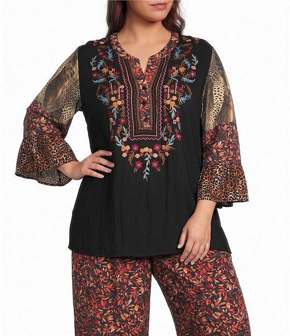 Calessa Plus Size Woven Multi Print Embroidered Split V-Neck 3/4 Bell Sleeve Tunic