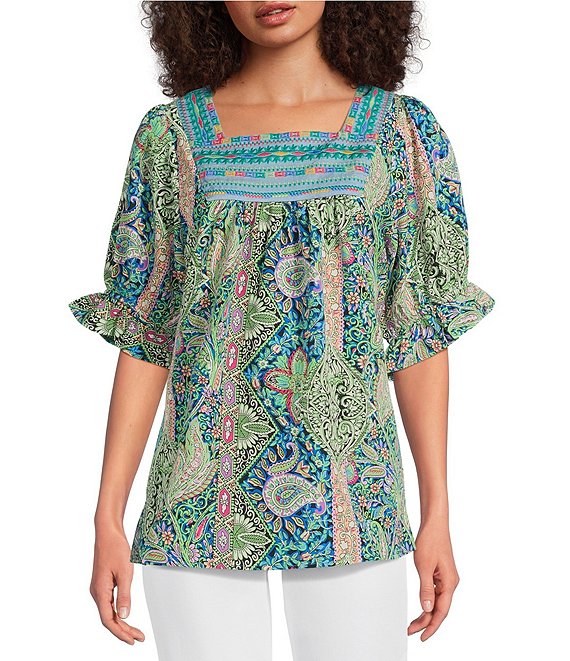 Calessa Printed Embroidered Square Neck Short Sleeve Tunic