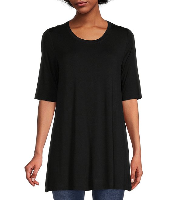 Color:Black - Image 1 - Short Sleeve Jewel Neck Swing Flare Hem Knit Jersey Tunic