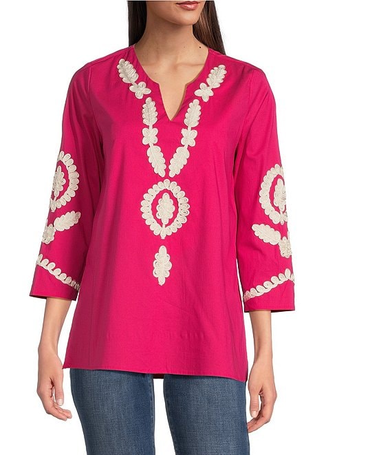 Calessa Split V-Neck 3/4 Sleeve Embroidered Tunic | Dillard's