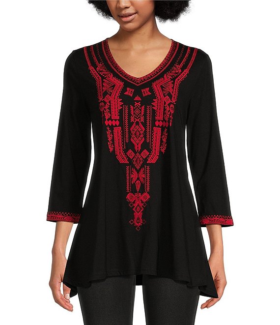 Calessa Stretch Embroidered Knit V-Neck 3/4 Sleeve A-Line Swing Tunic ...