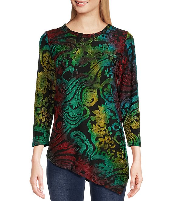 Calessa Tie Dye Print Burnout Knit Crew Neck Long Sleeve