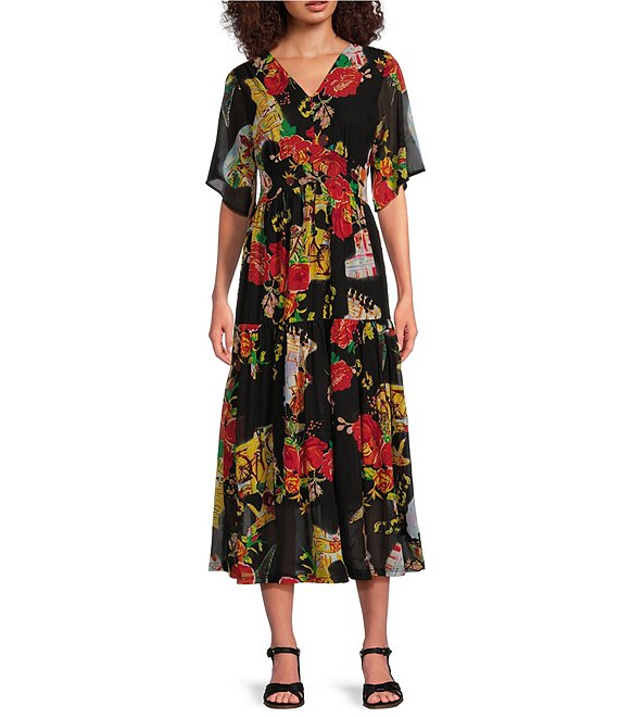 Calessa Vintage Print V Neck Short Sleeve Midi Dress Dillard s