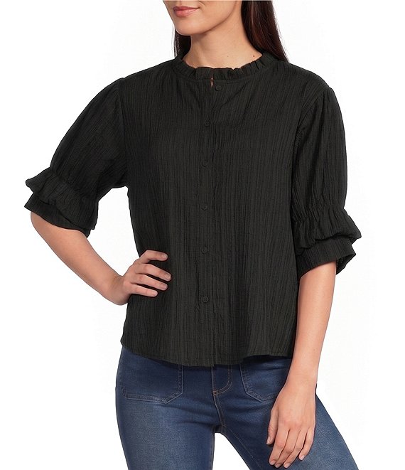 Calessa Woven Band Collar Elbow Length Sleeve Button Front Shirt