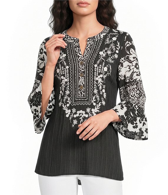 Calessa Woven Embroidered Patchwork Round Split V-Neck 3/4 Sleeve Tunic