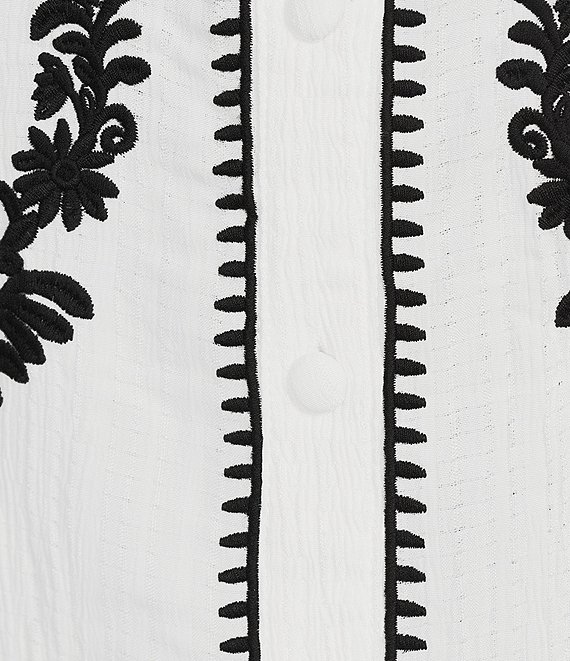 Calessa Woven Embroidered Split V-Neck Elbow Length Sleeve Button