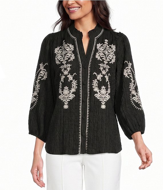 Calessa Woven Embroidered Split V-Neck Elbow Length Sleeve Button Front Tunic