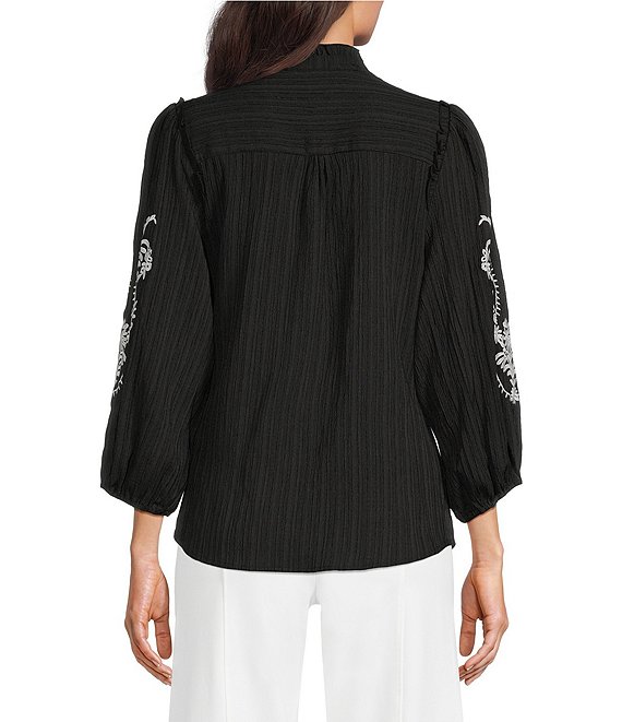 Calessa Woven Embroidered Split V-Neck Elbow Length Sleeve Button