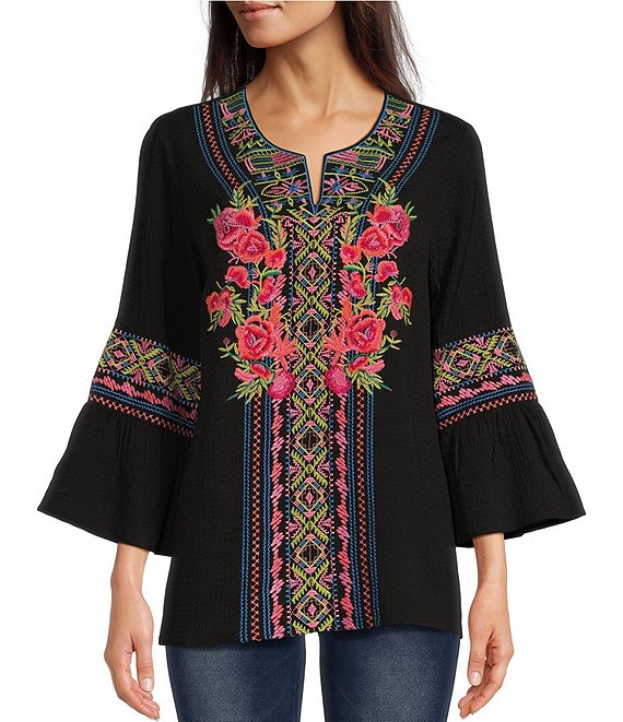 Calessa Woven Floral Embroidered Split V-Neck 3/4 Bell Sleeve Tunic ...
