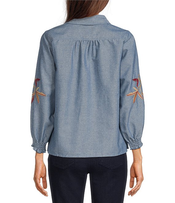 Calessa Woven Leaf Embroidery Point Collar 3/4 Sleeve Button Front