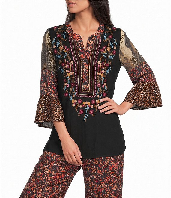 Calessa Woven Multi Print Embroidered Split V-Neck 3/4 Bell Sleeve Tunic