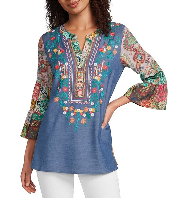 Calessa Woven Patchwork Embroidered Split V-Neck 3/4 Sleeve Tunic