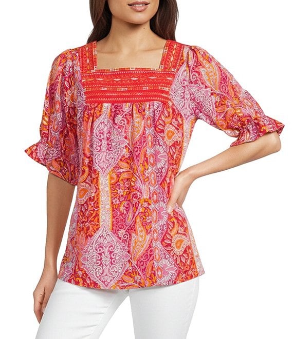 Calessa Woven Patchwork Square Neck Short Sleeve Embroidered Tunic