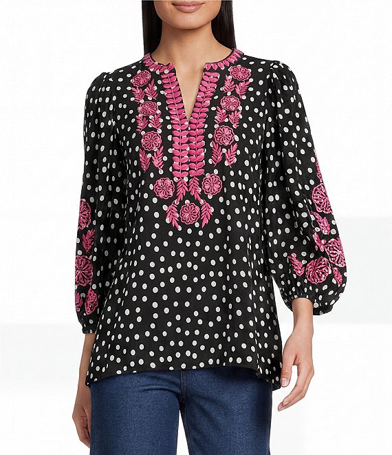 Calessa Woven Polka Dot Embroidered Split V-Neck 3/4 Sleeve Tunic
