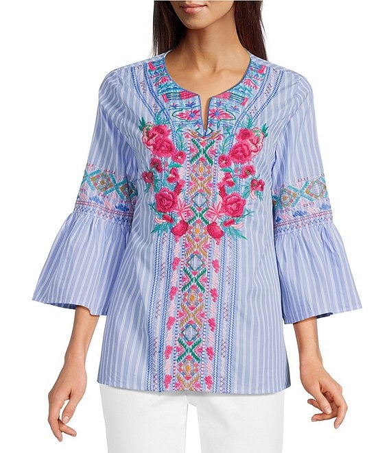 Calessa Woven Stripe Embroidered Split V-Neck 3/4 Bell Sleeve Tunic